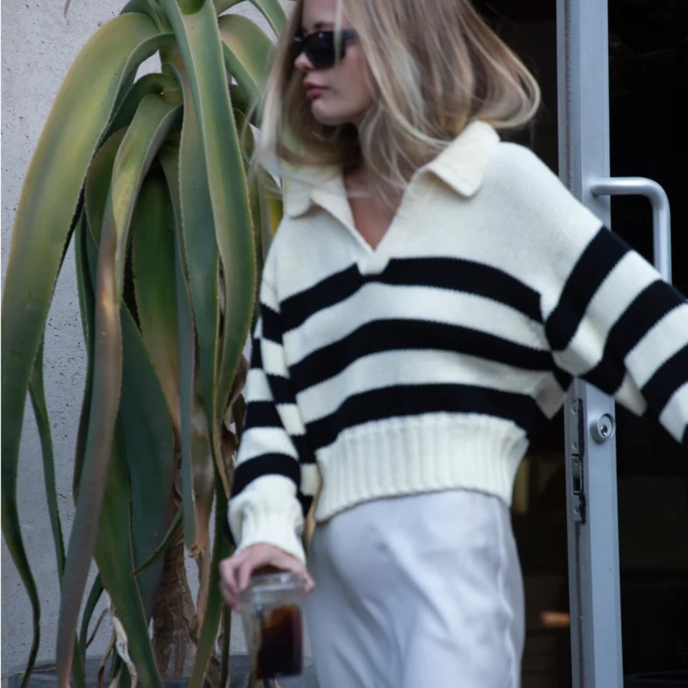 Ciao Lucia Venezia Polo Sweater Ivory White Black Stripe Crop sz Small